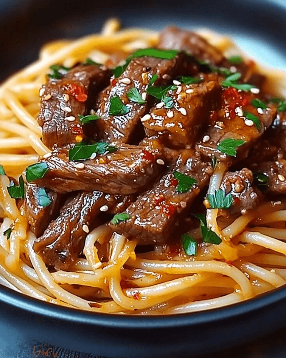 Sweet and Spicy Garlic Steak Pasta is a must-try!