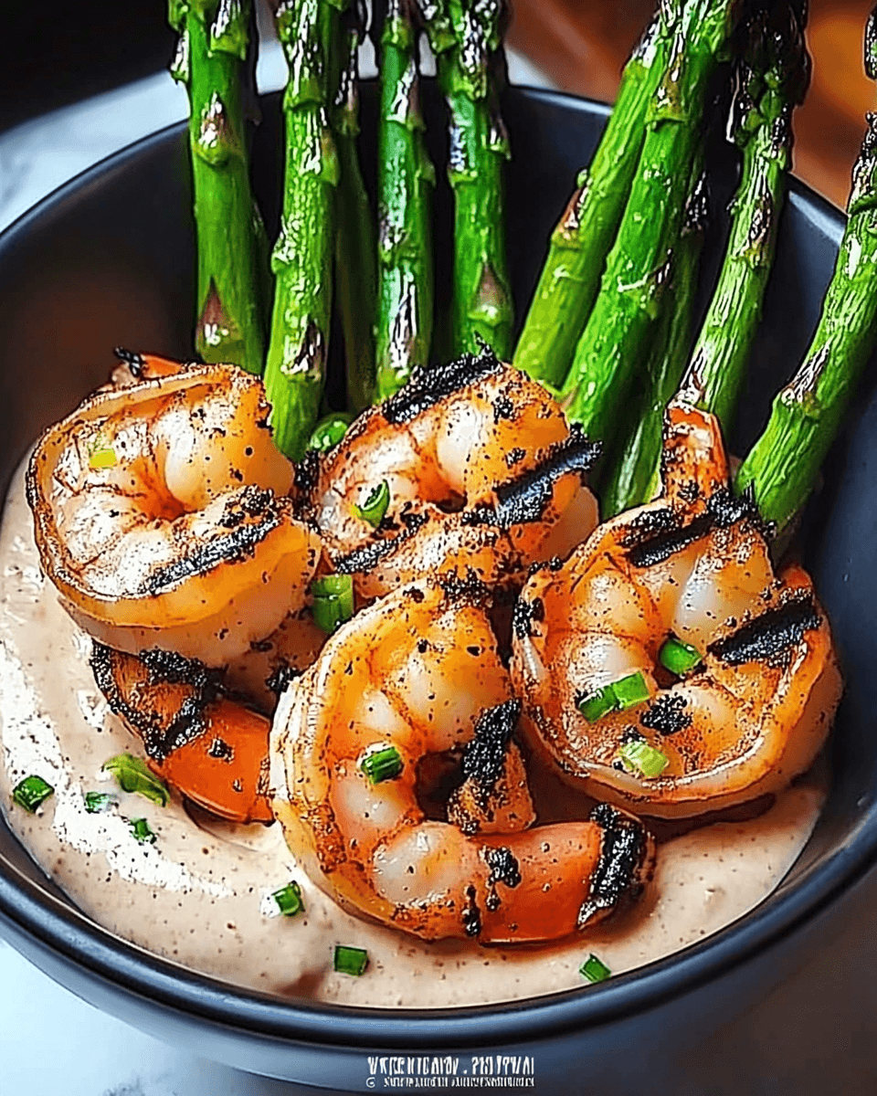 Grilled Shrimp Bowl with Asparagus & Creamy Garlic Sauce delights your taste buds!