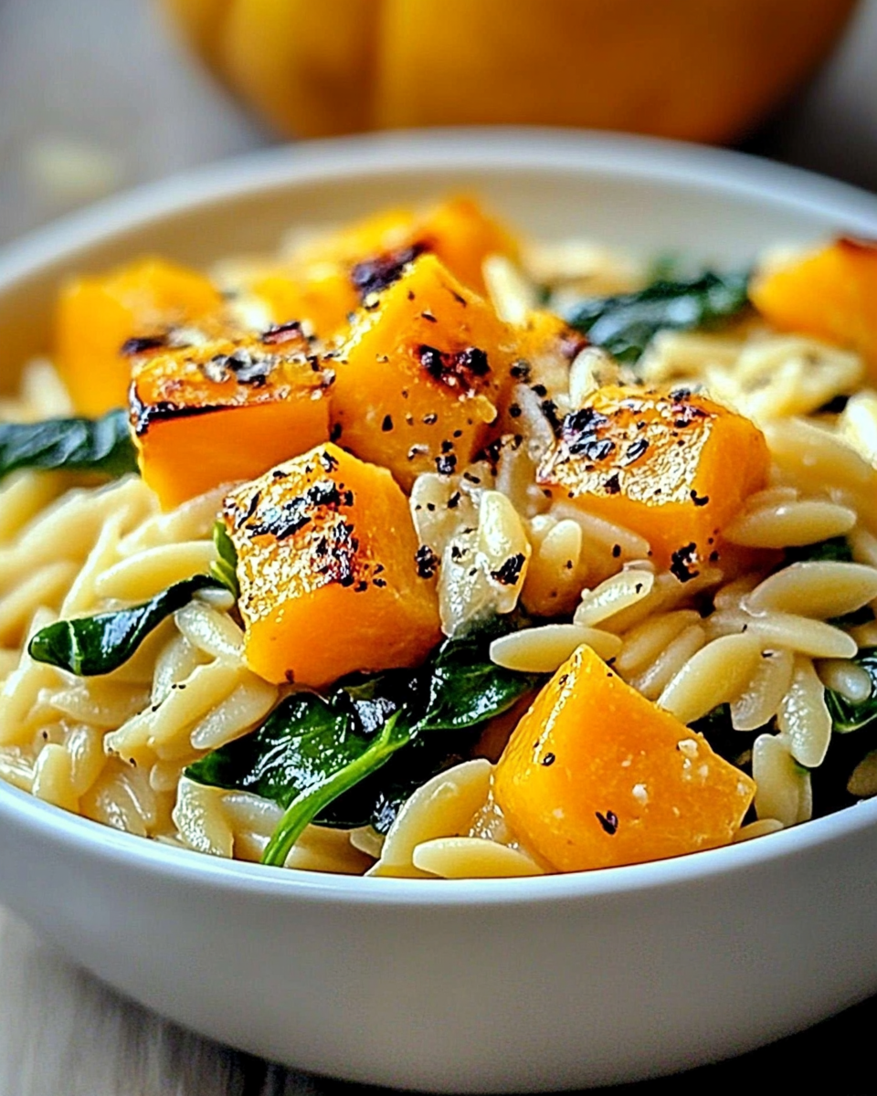 Creamy Orzo with Roasted Butternut Squash and Spinach delights your taste buds!