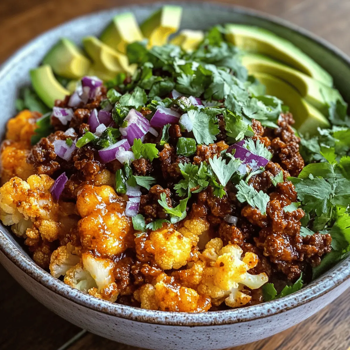 Crispy Chile Ground Beef and Cauliflower Protein Bowls to Savor