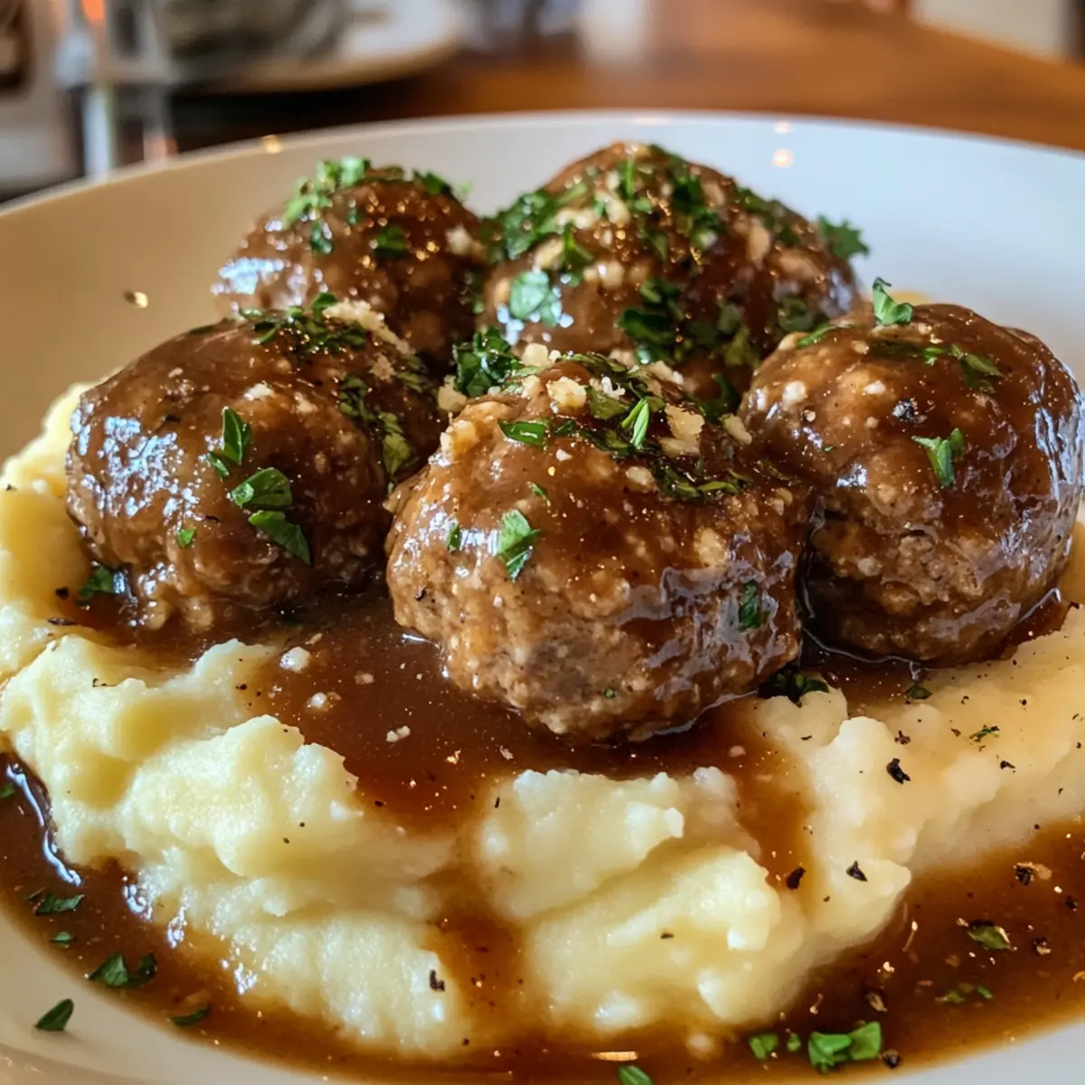 Salisbury Steak Meatballs with Garlic Herb Mashed Potatoes Delight
