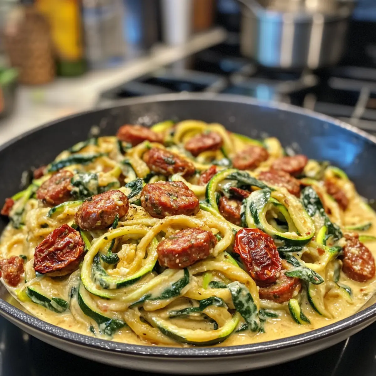 Irresistibly Creamy Keto Tuscan Zucchini Noodles with Sausage